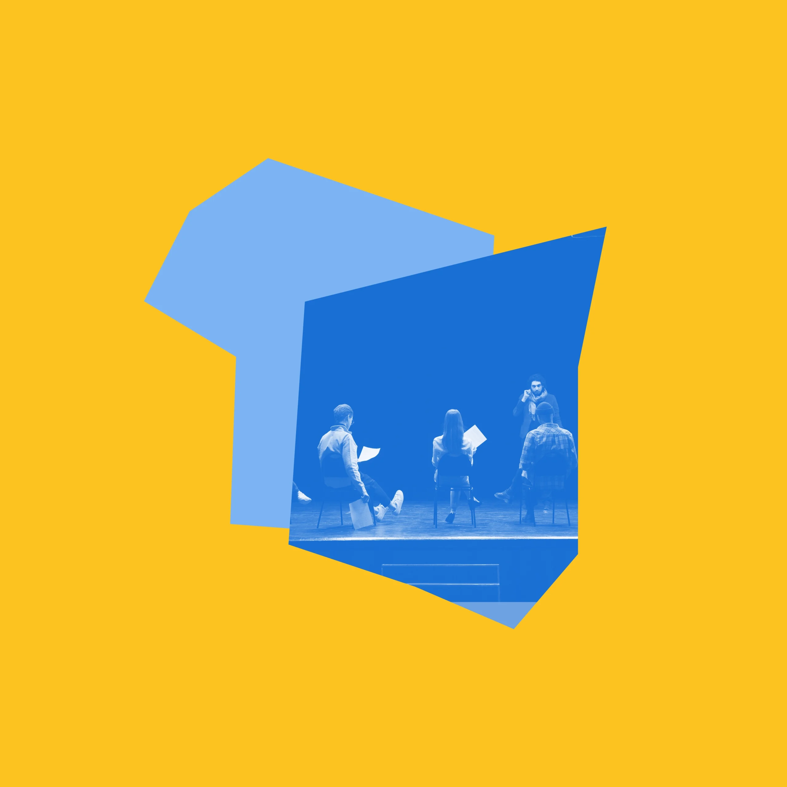 Yellow and blue graphic with an image of actors rehearsing on a stage.