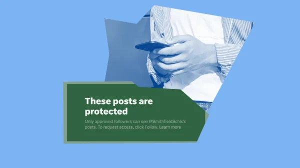 Blue graphic with white and green graphics of a screenshot of an X (formerly twitter) account being password protected and a person typing on a smartphone.