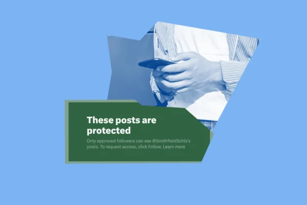 Blue graphic with white and green graphics of a screenshot of an X (formerly twitter) account being password protected and a person typing on a smartphone.