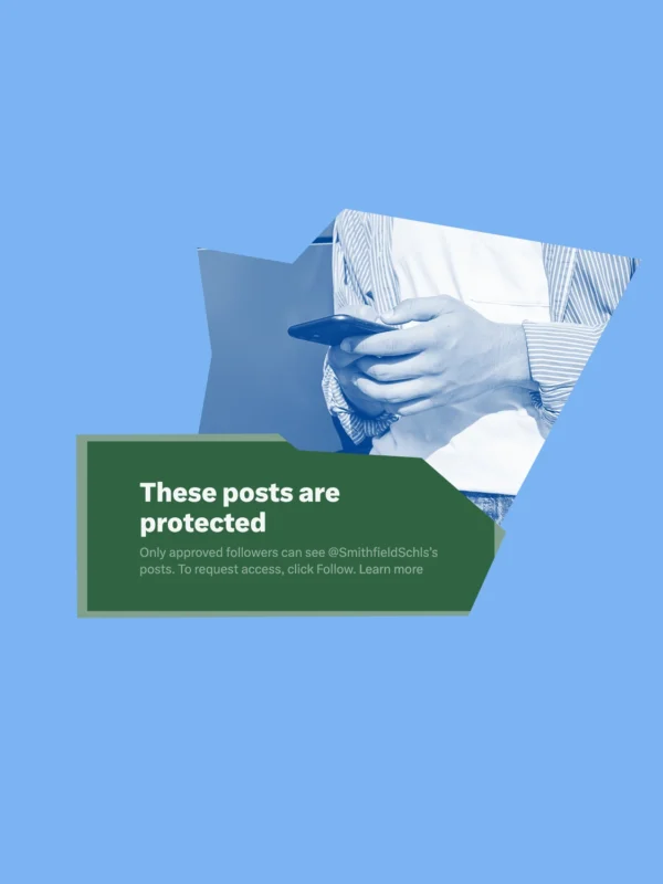 Blue graphic with white and green graphics of a screenshot of an X (formerly twitter) account being password protected and a person typing on a smartphone.