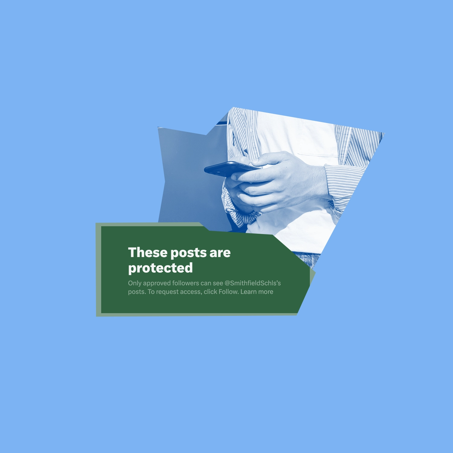 Blue graphic with white and green graphics of a screenshot of an X (formerly twitter) account being password protected and a person typing on a smartphone.