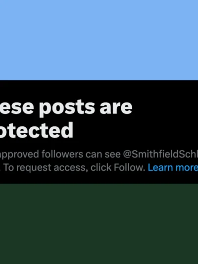 Blue and green graphic, with a screenshot of the social media platform X showing an account being blocked by the Smithfield account.