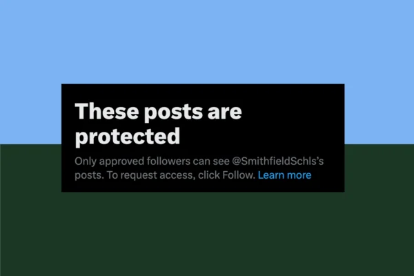 Blue and green graphic, with a screenshot of the social media platform X showing an account being blocked by the Smithfield account.