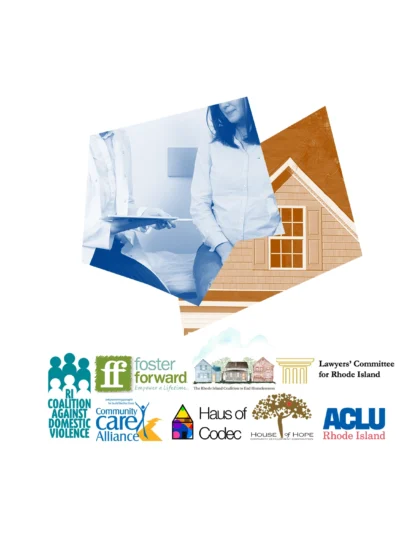 Logos of RI plaintiffs, RI Coalition Against Domestic Violence v. Robert F. Kennedy, Jr. Blue and brown graphics of a house and a healthcare provider.