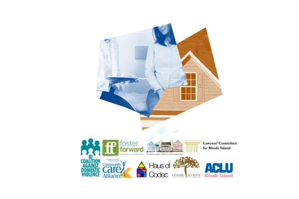 Logos of RI plaintiffs, RI Coalition Against Domestic Violence v. Robert F. Kennedy, Jr. Blue and brown graphics of a house and a healthcare provider.