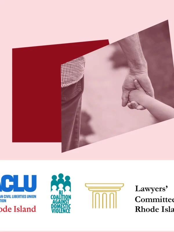 Pink and dark red graphic including ACLU of RI, RICADV, and Lawyer's Committee for RI logos