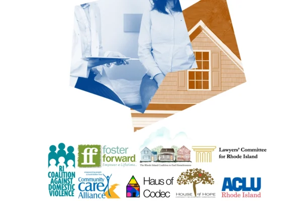 Logos of RI plaintiffs, RI Coalition Against Domestic Violence v. Robert F. Kennedy, Jr. Blue and brown graphics of a house and a healthcare provider.