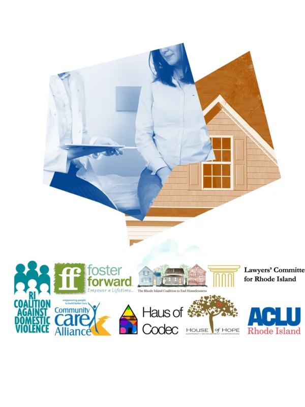 Logos of RI plaintiffs, RI Coalition Against Domestic Violence v. Robert F. Kennedy, Jr. Blue and brown graphics of a house and a healthcare provider.