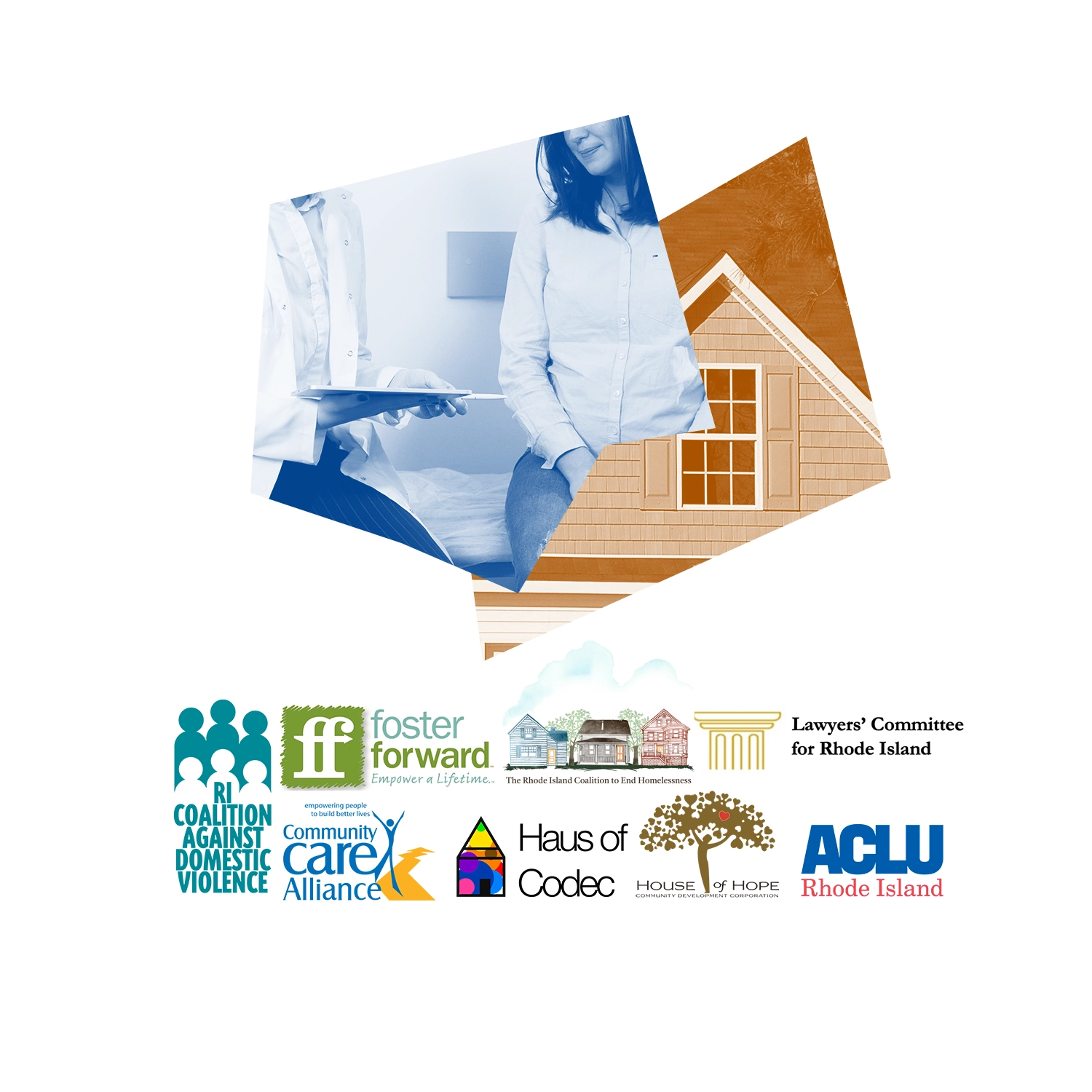 Logos of RI plaintiffs, RI Coalition Against Domestic Violence v. Robert F. Kennedy, Jr. Blue and brown graphics of a house and a healthcare provider.