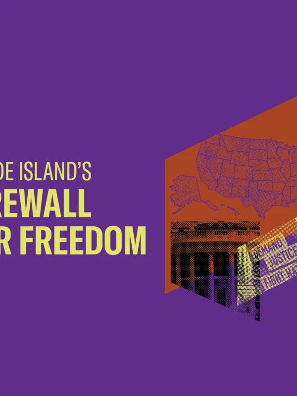 Purple graphic with yellow text, "Rhode Island's Firewall for Freedom"