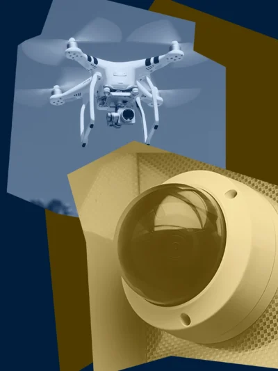 Blue and gold graphic with images of camera and drone surveillance technology.
