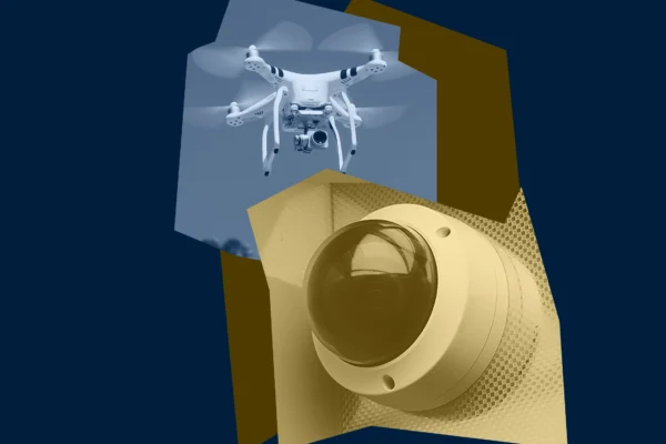 Blue and gold graphic with images of camera and drone surveillance technology.