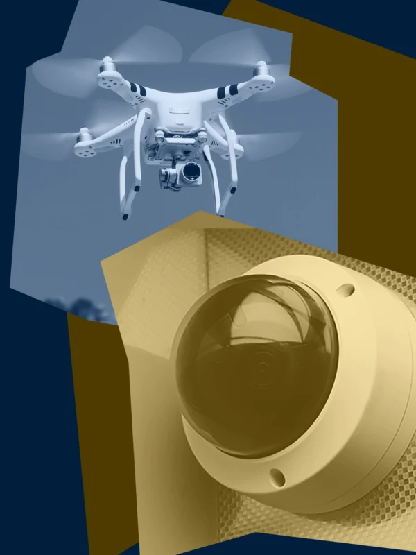 Blue and gold graphic with images of camera and drone surveillance technology.