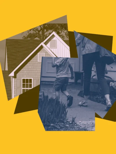 Yellow background with brown and blue colored images of a house roof, and a mother with her small child walking up to a front door.