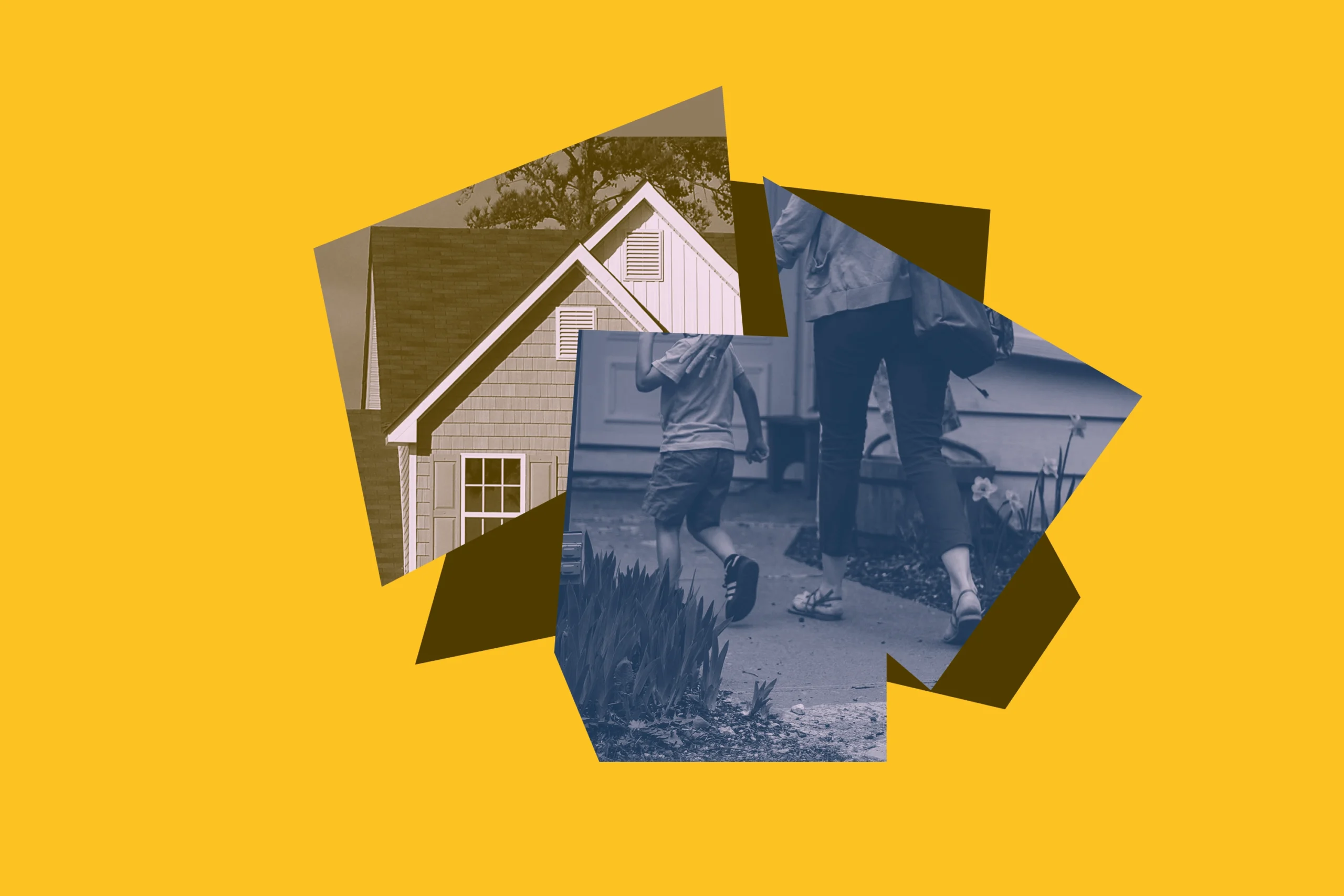 Yellow background with brown and blue colored images of a house roof, and a mother with her small child walking up to a front door.