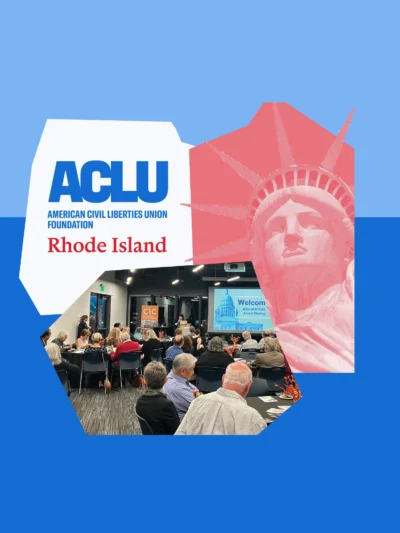 Light and dark blue graphic with a red statue of liberty graphic and a photo of the ACLU Foundation of RI's 2024 Annual Meeting.