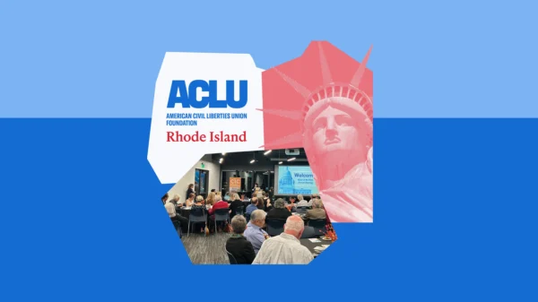 Light and dark blue graphic with a red statue of liberty graphic and a photo of the ACLU Foundation of RI's 2024 Annual Meeting.