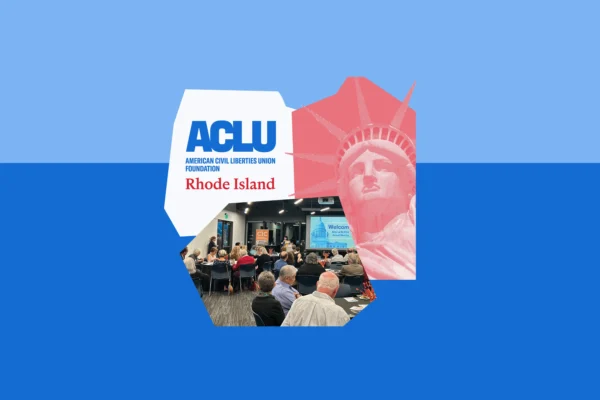 Light and dark blue graphic with a red statue of liberty graphic and a photo of the ACLU Foundation of RI's 2024 Annual Meeting.