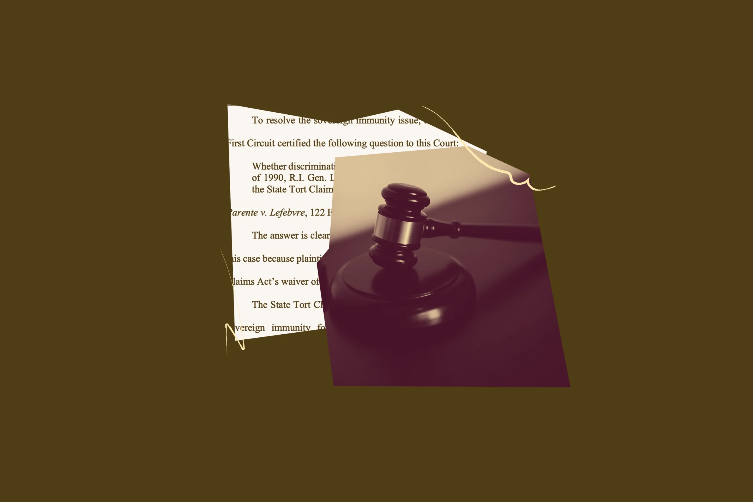 Brown and dark red graphic of a gavel and screenshot of an amicus brief.