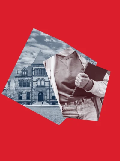 Bright red background with photos of a student with a computer and Brown University's campus.