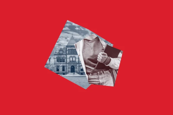 Bright red background with photos of a student with a computer and Brown University's campus.