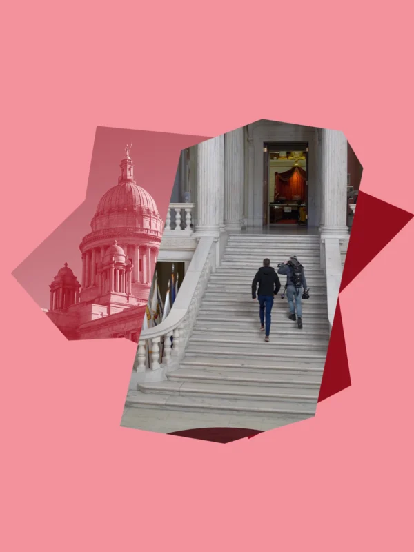 Pink and red graphic with image of State House rotunda stairs.