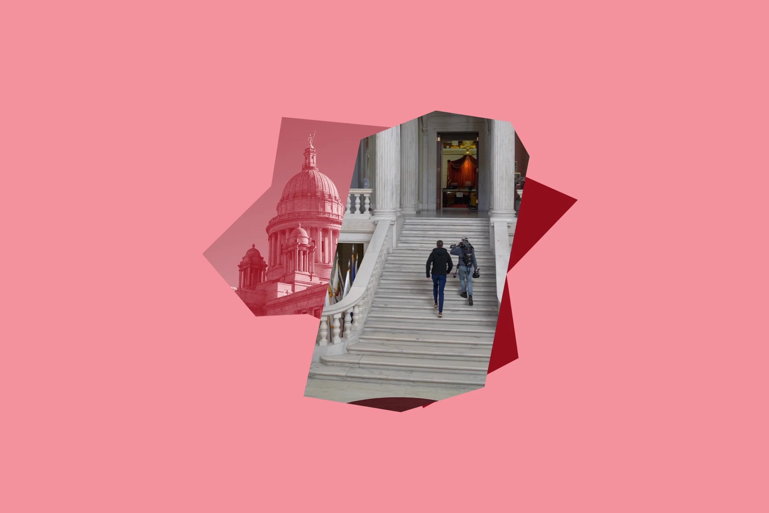 Pink and red graphic with image of State House rotunda stairs.