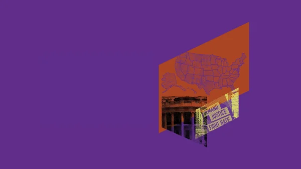 Purple graphic with orange and yellow image of the USA map and a sign saying "demand justice, fight hate"