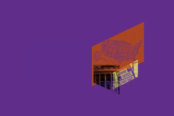 Purple graphic with orange and yellow image of the USA map and a sign saying "demand justice, fight hate"