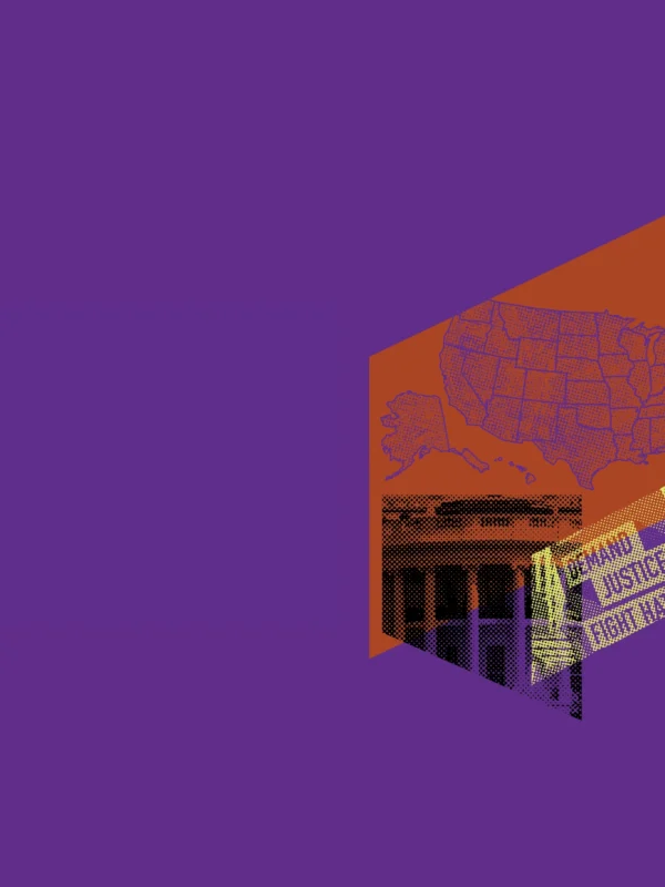 Purple graphic with orange and yellow image of the USA map and a sign saying "demand justice, fight hate"