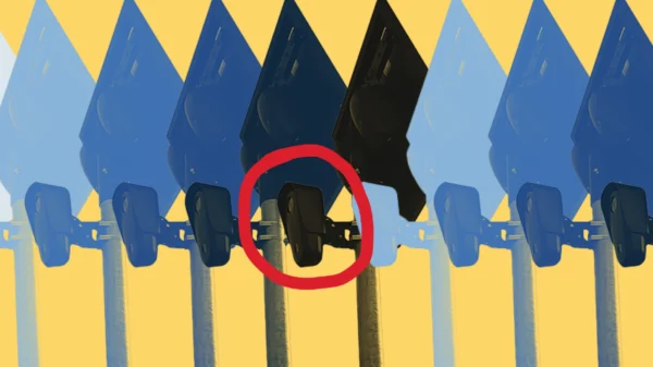 Yellow background with gradient of blue Flock cameras.