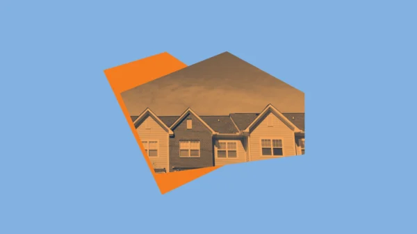 Blue and orange graphic with apartment rooflines.