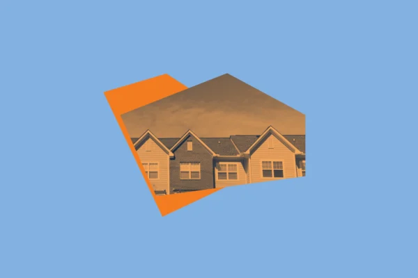 Blue and orange graphic with apartment rooflines.