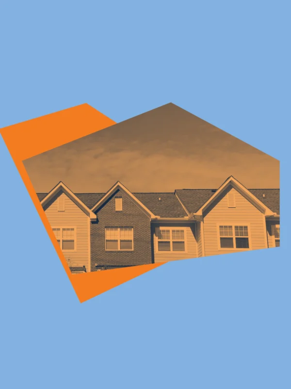 Blue and orange graphic with apartment rooflines.