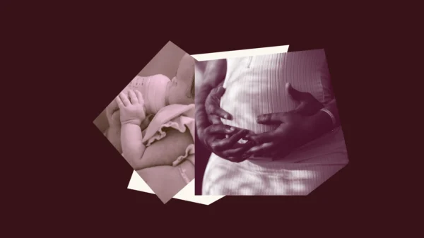 Dark burgundy graphic with images of a pregnant person and a baby being bottle fed.