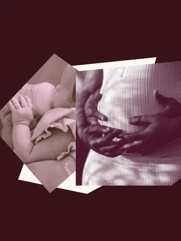 Dark burgundy graphic with images of a pregnant person and a baby being bottle fed.