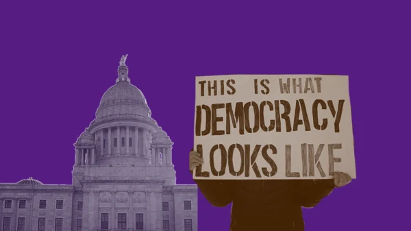 purple graphic with a photo of the RI state house and a protester holding a sign that says "this is what democracy looks like"