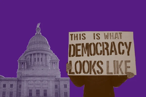 purple graphic with a photo of the RI state house and a protester holding a sign that says "this is what democracy looks like"