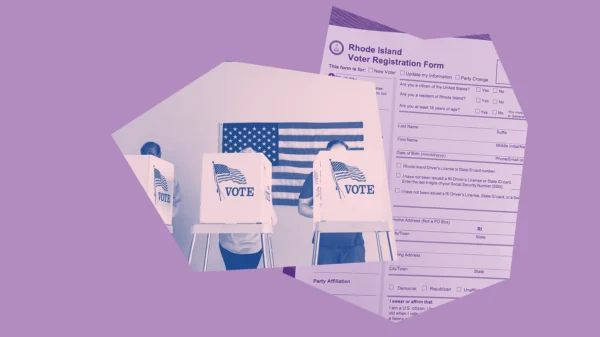 Light purple and dark blue graphic with a photo of people in voting booths with USA flags on the outside, and a photo of a RI voter registration form.