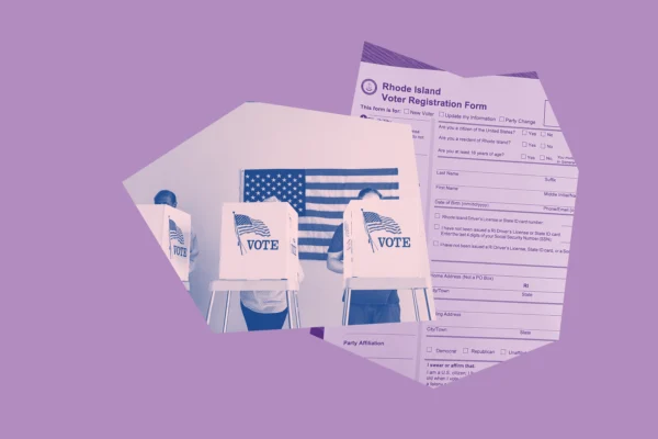 Light purple and dark blue graphic with a photo of people in voting booths with USA flags on the outside, and a photo of a RI voter registration form.