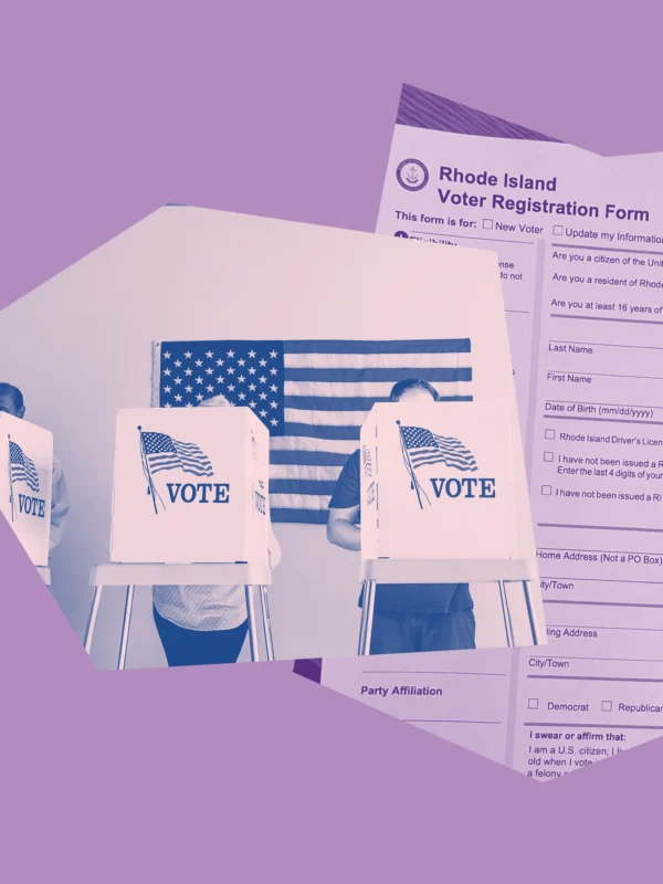 Light purple and dark blue graphic with a photo of people in voting booths with USA flags on the outside, and a photo of a RI voter registration form.