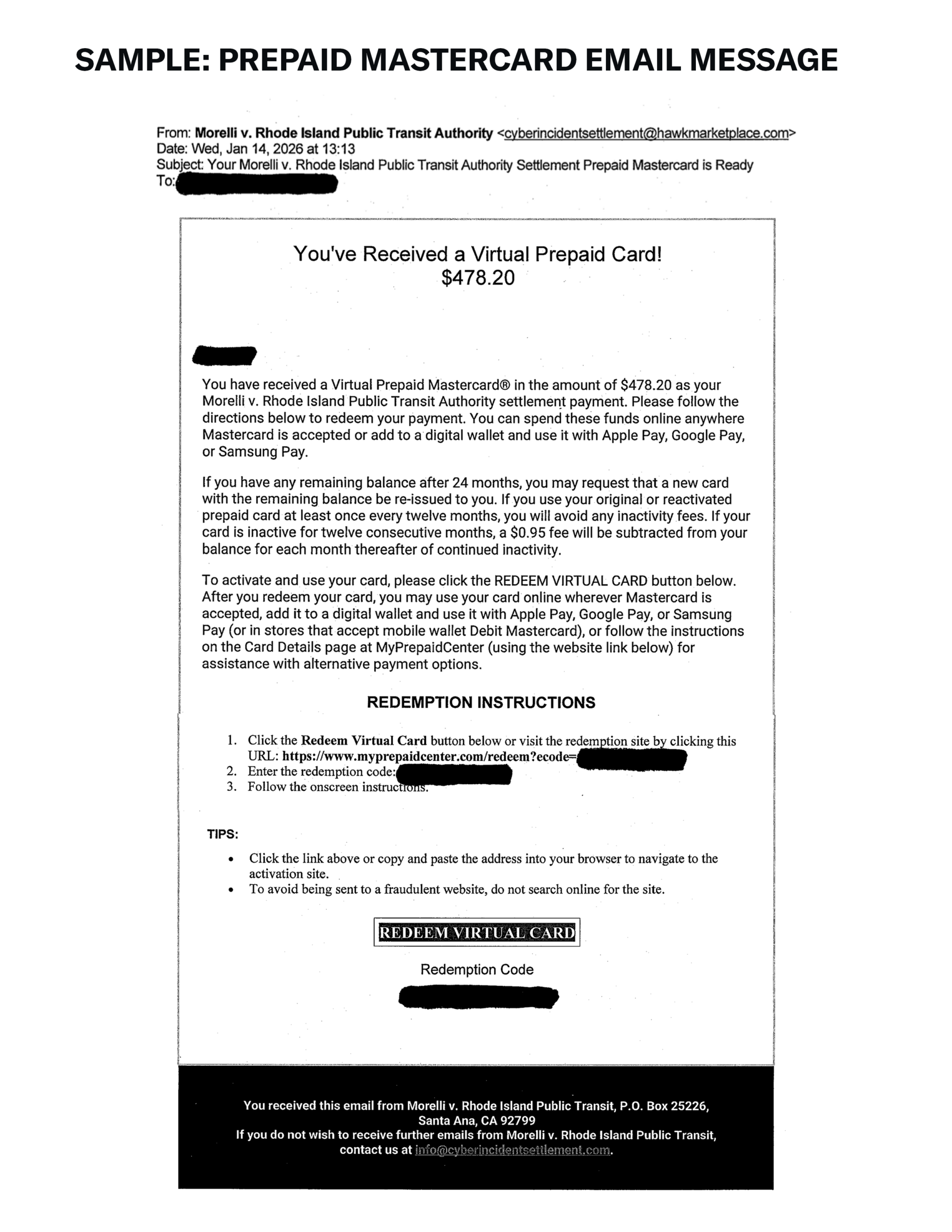 Image of an email, with bold words "Sample: PREPAID MASTERCARD EMAIL MESSAGE" at the top. The email is an example of what Morelli v RIPTA class members can expect to receive if being paid by Mastercard.