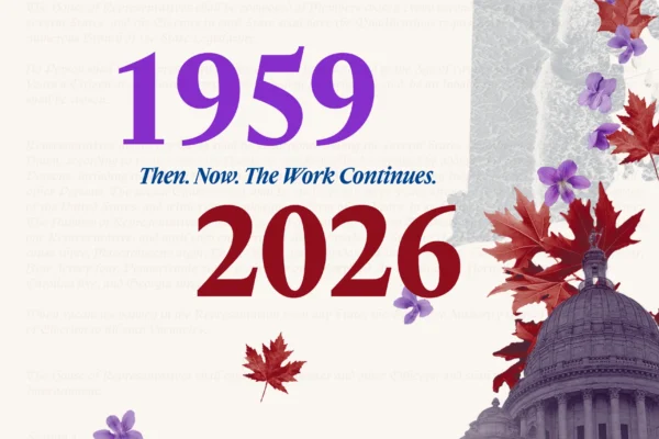 Cream background with red leaves and purple violets, RI State House, and text about the upcoming annual meeting.