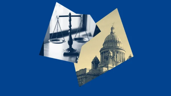 A dark blue graphic with a yellow and blue image of the RI State House and a picture of the scales of justice on a desk.