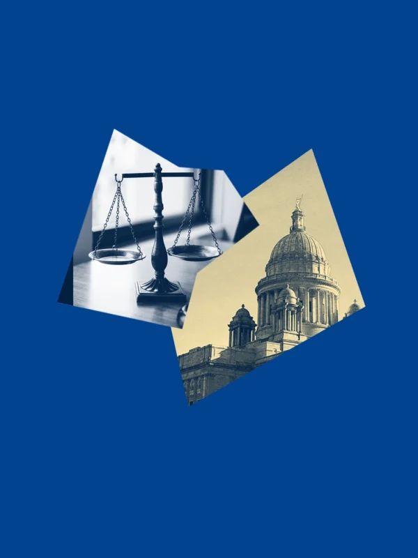A dark blue graphic with a yellow and blue image of the RI State House and a picture of the scales of justice on a desk.