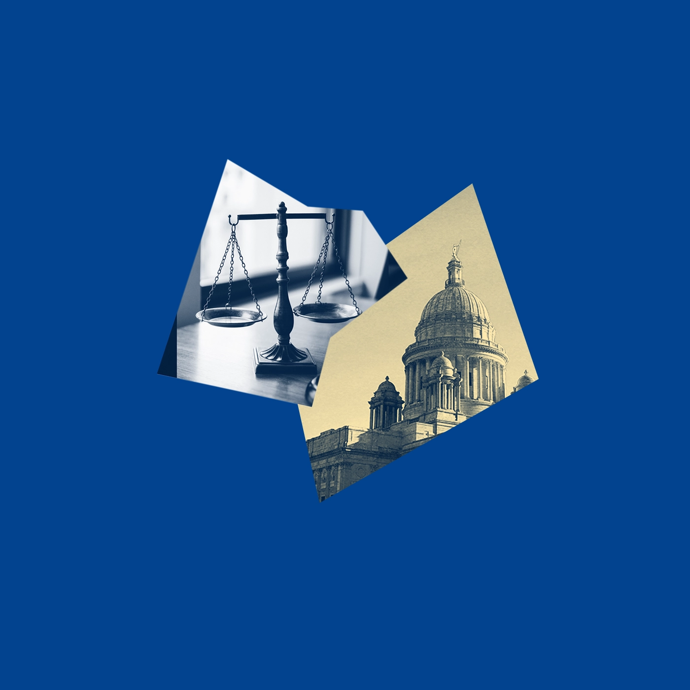 A dark blue graphic with a yellow and blue image of the RI State House and a picture of the scales of justice on a desk.