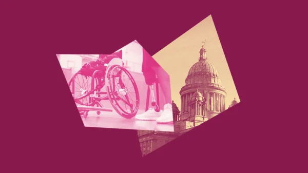 A dark pink graphic with a yellow and maroon image of the RI State House and a picture of a wheelchair and a person with one prosthetic leg and white sneakers on standing next to it.