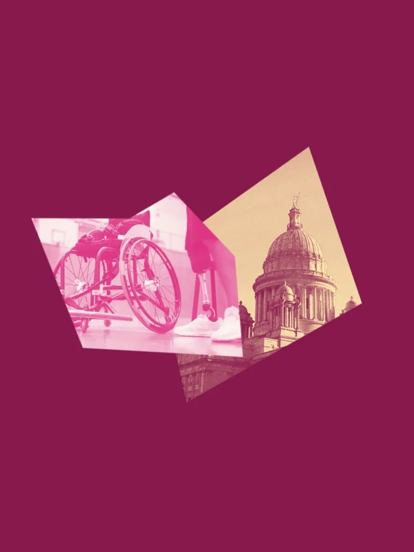 A dark pink graphic with a yellow and maroon image of the RI State House and a picture of a wheelchair and a person with one prosthetic leg and white sneakers on standing next to it.