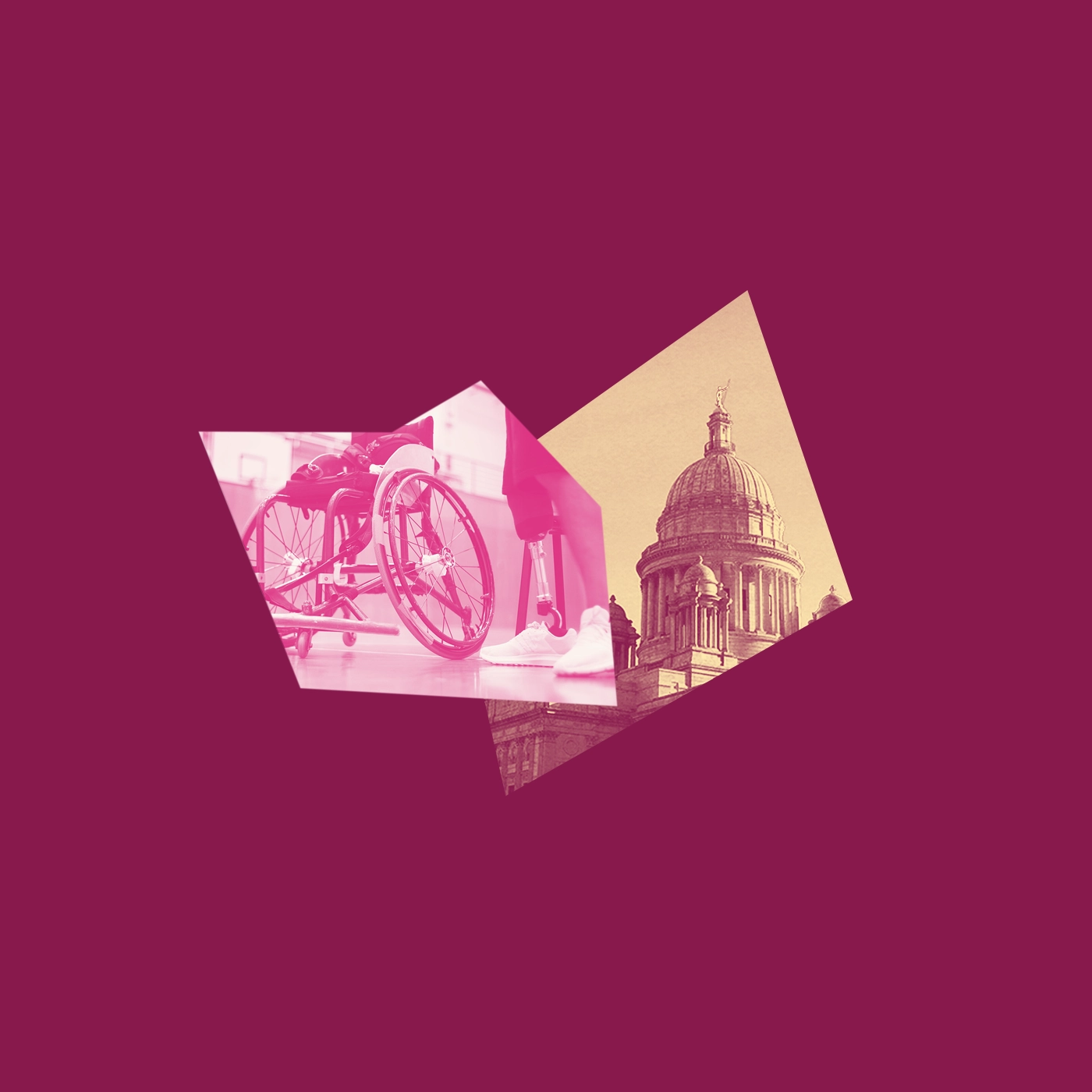 A dark pink graphic with a yellow and maroon image of the RI State House and a picture of a wheelchair and a person with one prosthetic leg and white sneakers on standing next to it.