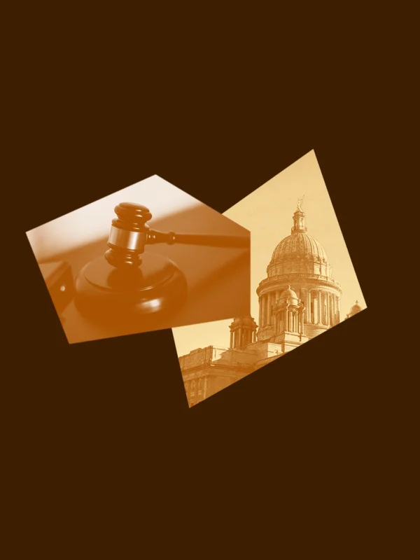 A dark brown graphic with a yellow and brown image of the RI State House and a picture of a gavel.